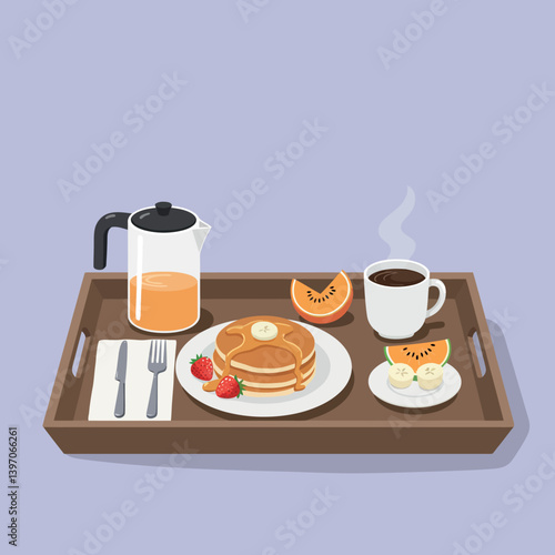 Breakfast Tray with Pancakes and Coffee in Flat Design Style Vector Illustration