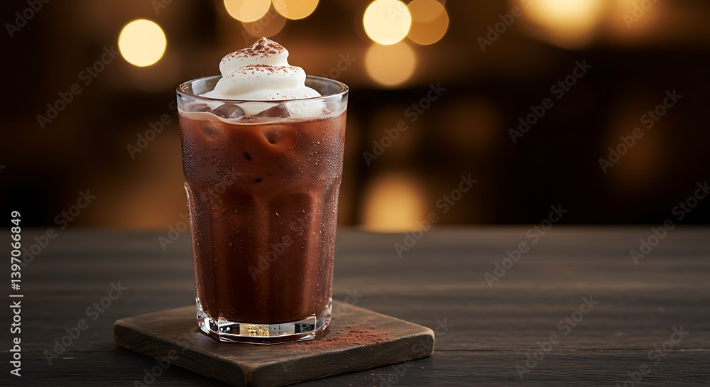 Refreshing Chocolate Drink with Whipped Topping on Wooden Table Refreshing Chocolate Drink with Whipped Topping on Wooden Table