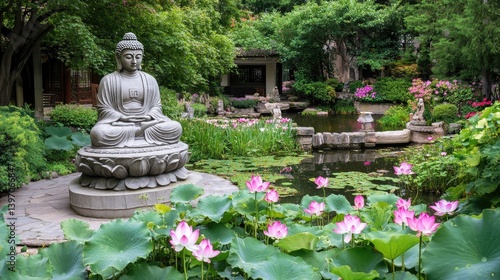 Serene Buddha Statue Surrounded by Vibrant Lotus Flowers in Garden