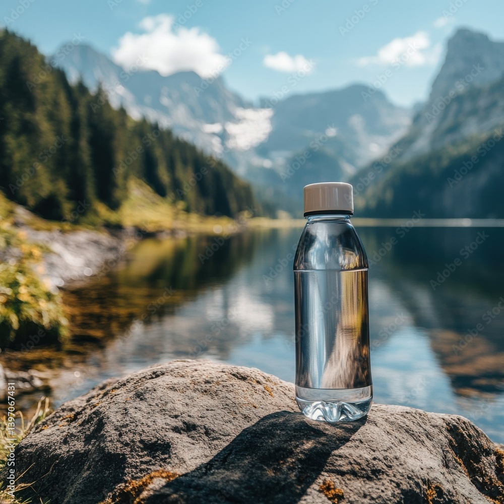 Obraz premium Refreshing Water Bottle by Mountain Lake in Stunning Nature Landscape