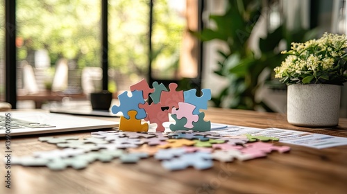 Colorful Puzzle Pieces on Wooden Table with Laptop and Plants