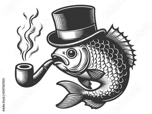 fish wearing a top hat and smoking a pipe, combining fantasy and humor sketch engraving generative ai vector illustration. Scratch board imitation. Black and white image.