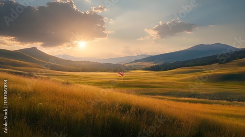 Expansive Landscape with American Flag Waving in the Breeze