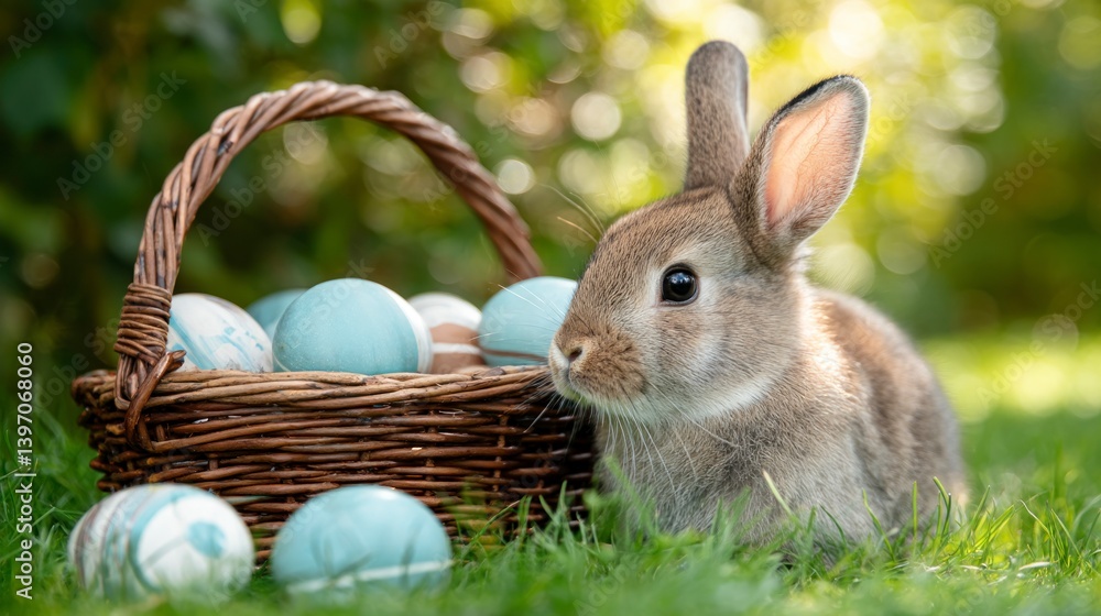 Easter Bunny with Basket of Painted Eggs in Spring Grass Easter Bunny with Basket of Painted Eggs in Spring Grass