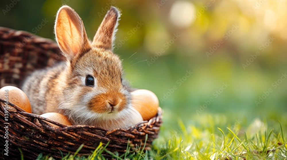 Fototapeta premium Cute Easter Bunny in Basket with Eggs on Green Grass