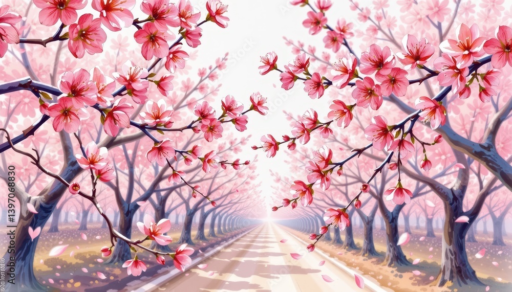 Fototapeta premium Serene Pink Blossom Trees Lining a Pathway Peaceful Spring Scenery