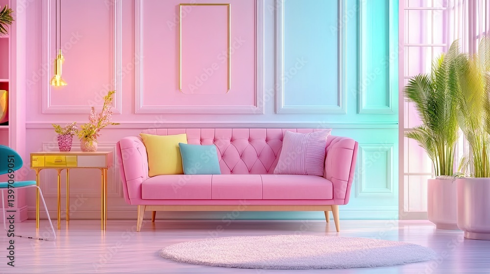 Stylish pastel living room with pink sofa and vibrant decor accents