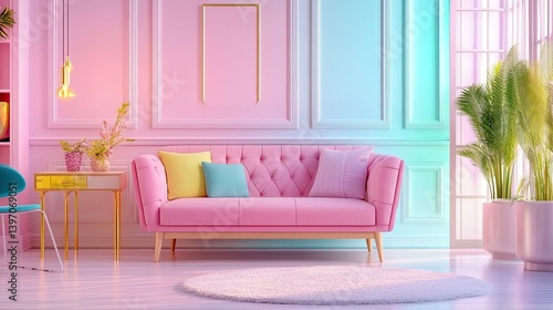 Obraz na płótnie Stylish pastel living room with pink sofa and vibrant decor accents w salonie