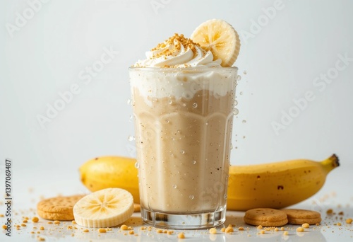banana smoothie. Creamy banana smoothie. A delicious-looking banana smoothie topped with whipped cream and a biscuit. A creamy banana smoothie topped with whipped cream and a crunchy biscuit. 