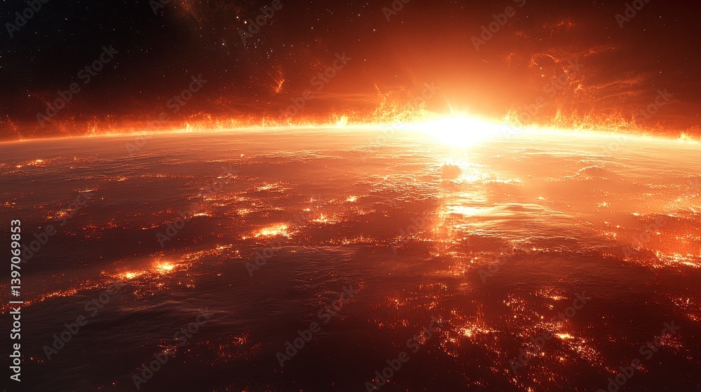 Planet's fiery atmosphere. Sunrise/set glow on textured sphere, space and stars above Planet's fiery atmosphere. Sunrise/set glow on textured sphere, space and stars above