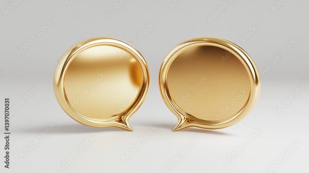 3d two blank gold speech bubble pin isolated on white background. Social media notification speech bubble icon. 3D rendering illustration 3d two blank gold speech bubble pin isolated on white background. Social media notification speech bubble icon. 3D rendering illustration