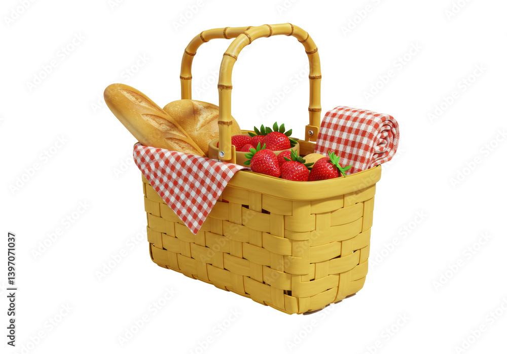 Isolated Yellow Wicker Picnic Basket with Bread Strawberries and Gingham Cloth