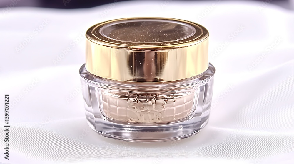 Face cream jar with polished gold lid placed in the center of white satin background Face cream jar with polished gold lid placed in the center of white satin background