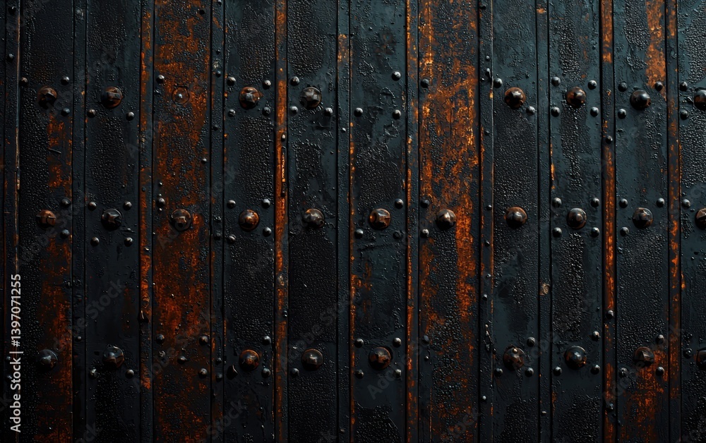 Rustic factory-inspired industrial pattern with distressed brick walls, weathered metal plates, visible rivets, and vintage machinery elements for a raw, mechanical feel., copy