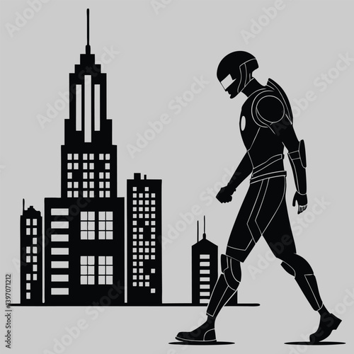 robot walking through a futuristic city. silhouette vector design art and illustration