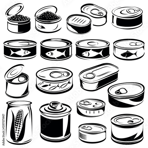 
vector black outline canned food icons set