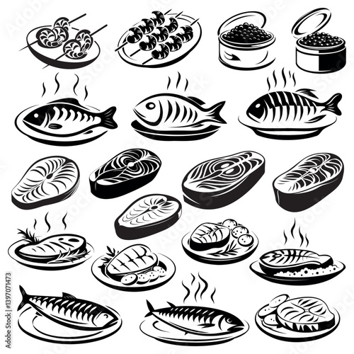 
set of vector black outline icons of fish products and dishes