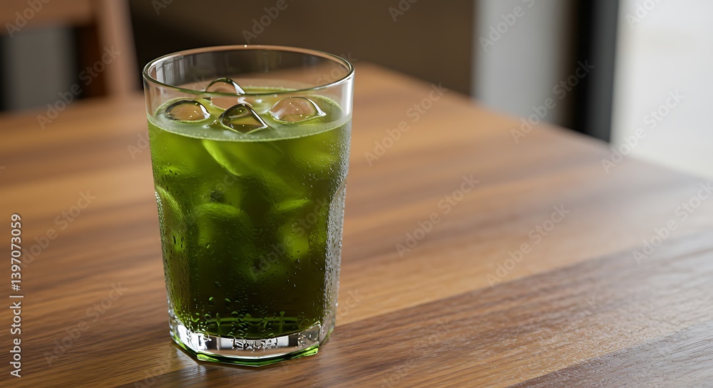 Drinking Refreshing Green Beverage with Ice on Wooden Table Drinking Refreshing Green Beverage with Ice on Wooden Table