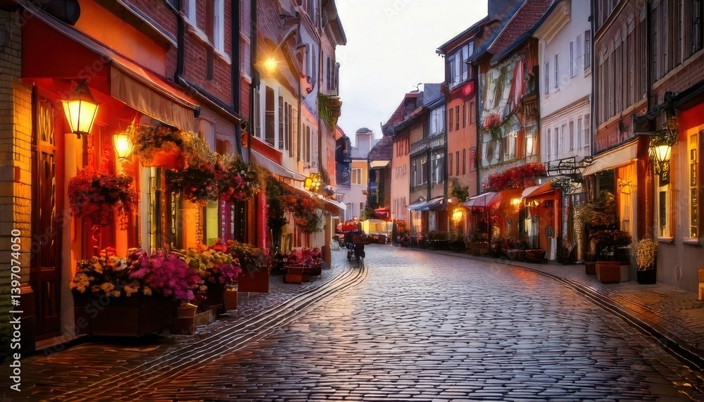 Charming cobblestone street with colorful buildings and warm lights Charming cobblestone street with colorful buildings and warm lights