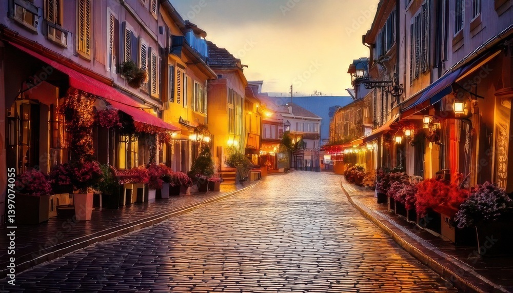Charming European Street with Colorful Buildings and Warm Lighting Charming European Street with Colorful Buildings and Warm Lighting