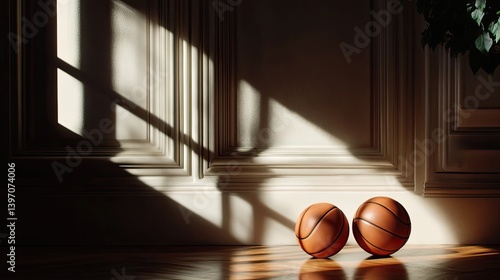 Basketballs on Wooden Floor with Dramatic Shadows and Light