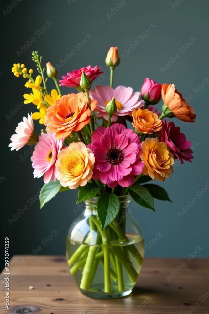 Fototapeta premium Beautiful rustic bouquet of colorful wild flowers in glass vase, rustic, wildflowers, beautiful