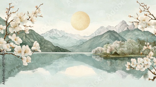 Fototapeta Naklejka Na Ścianę i Meble -  Serene Landscape Painting with Cherry Blossoms, Mountains, Lake and Rising Sun, Calming Watercolor Scene.