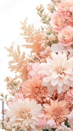 Delicate Peach and Pink Floral Bouquet: Elegant Dahlia, Roses, and Soft Blooms for Celebrations and Design