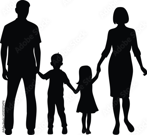 Family Silhouette – Parents and Children Holding Hands, Minimalist Unity Design 