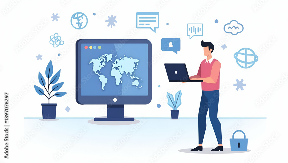 Flat Vector Illustration of Advanced Threat Intelligence Systems: Real-Time Global Monitoring, Automated Data Correlation, Predictive Analytics, and Proactive Security Solutions. Flat Vector Illustration of Advanced Threat Intelligence Systems: Real-Time Global Monitoring, Automated Data Correlation, Predictive Analytics, and Proactive Security Solutions.