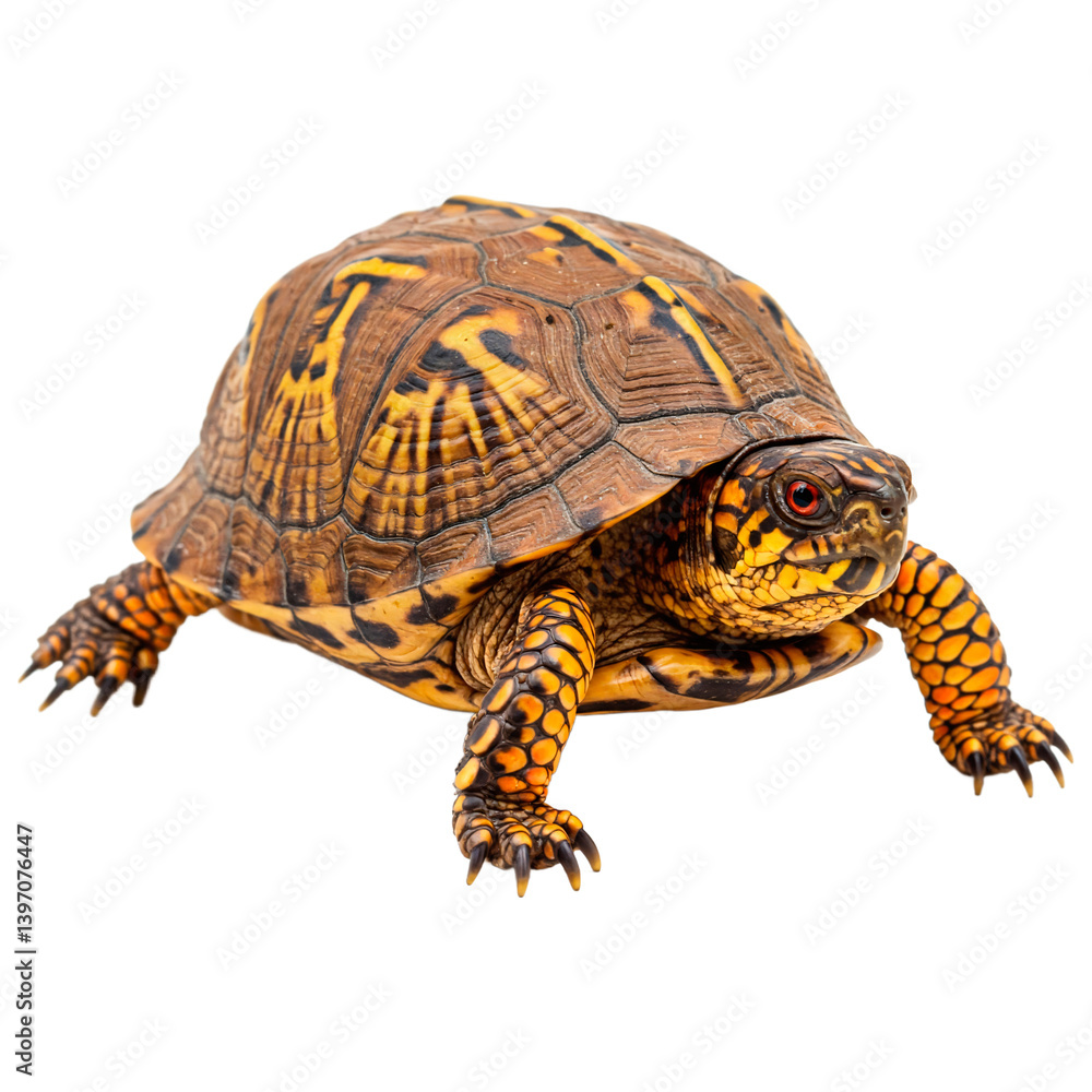Obraz premium Ornate Box Turtle Close-Up on White Background Detailed Shell Patterns and Vibrant Yellow Markings of a North American Terrapene ornata