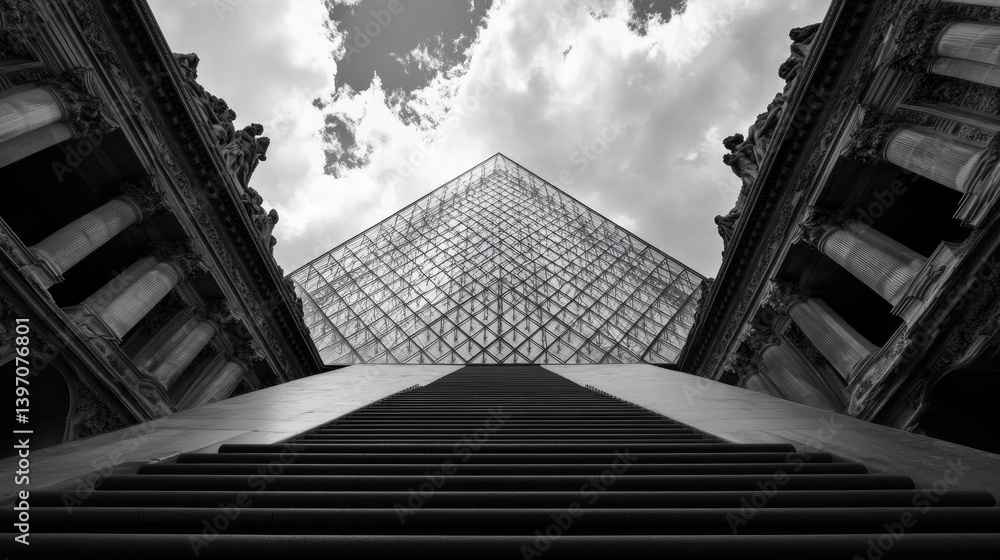 Modern Glass Pyramid Among Historical Architecture in Black and White