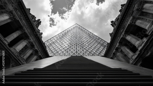 Obraz na płótnie Modern Glass Pyramid Among Historical Architecture in Black and White w salonie