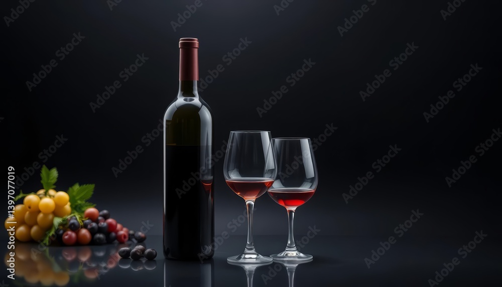 Fototapeta premium Glossy black background, realistic wine bottle & glass, ample copy space , mockup, photo