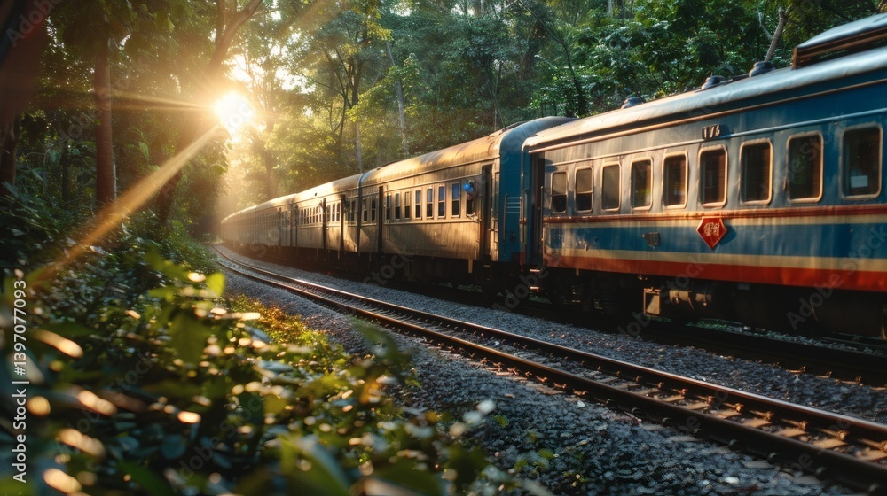 Sunlit Train Journey Through Lush Forest of excellence in splendor beyond compare with grace Sunlit Train Journey Through Lush Forest of excellence in splendor beyond compare with grace