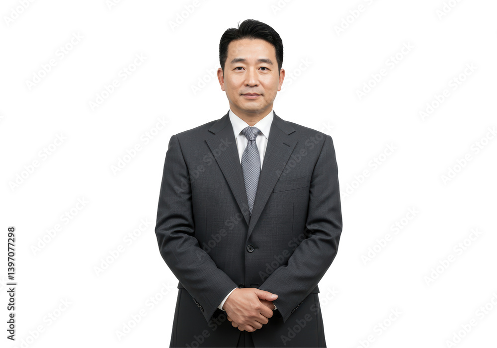 Isolated Middle-Aged Asian Businessman in a Gray Suit Isolated Middle-Aged Asian Businessman in a Gray Suit