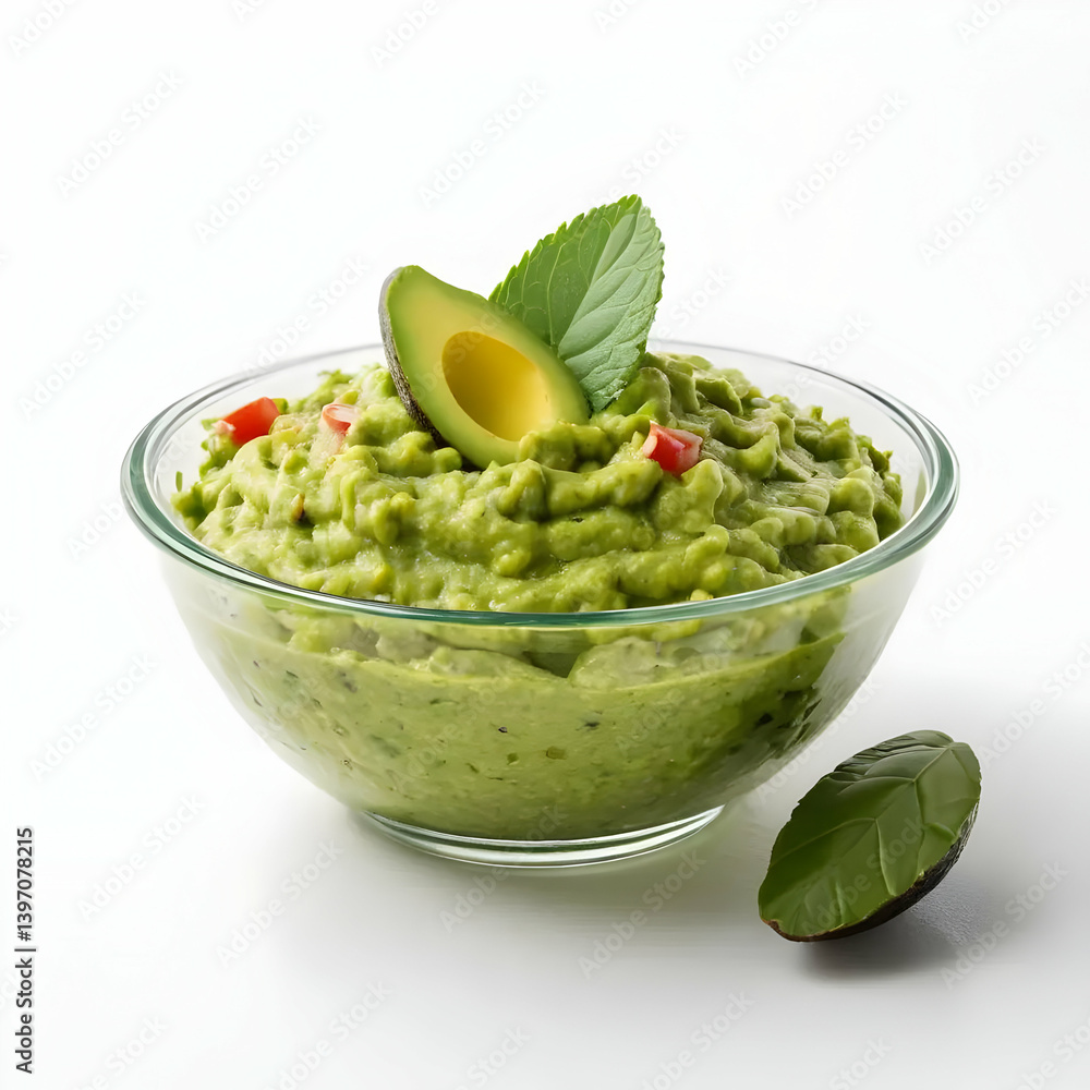 Top View of Glass Bowl Filled with Fresh Green Guacamole Dip Isolated on White Background Top View of Glass Bowl Filled with Fresh Green Guacamole Dip Isolated on White Background