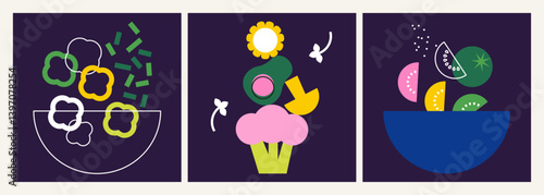 Abstract salad bowl and falling vegetable set. Decorative flat vector illustration with green veggies on black background. Greens icon. Funny colored poster, cover, menu design. Go vegan. Healthy food