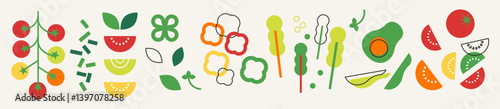Decorative abstract flat vector illustration with various green veggies. Appetising vegetables collection. Greens icon set. Wide background for poster, cover design, banner. Healthy food concept