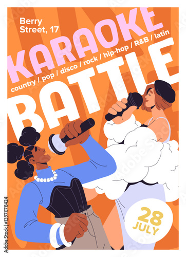Design of karaoke event poster. Advertising template with happy people are singing with microphones. Layout with women friends perform songs with mic, have fun together. Flat vector illustration