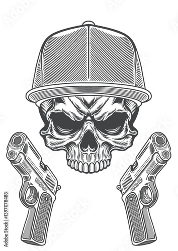 Skull with casual style cap  & Grunge gun style 62b - BW