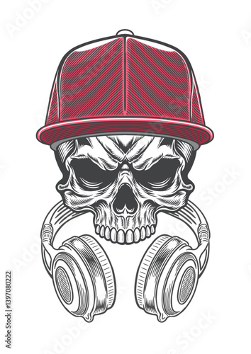 Skull with casual style cap  & retro style earphone 60b - BWb