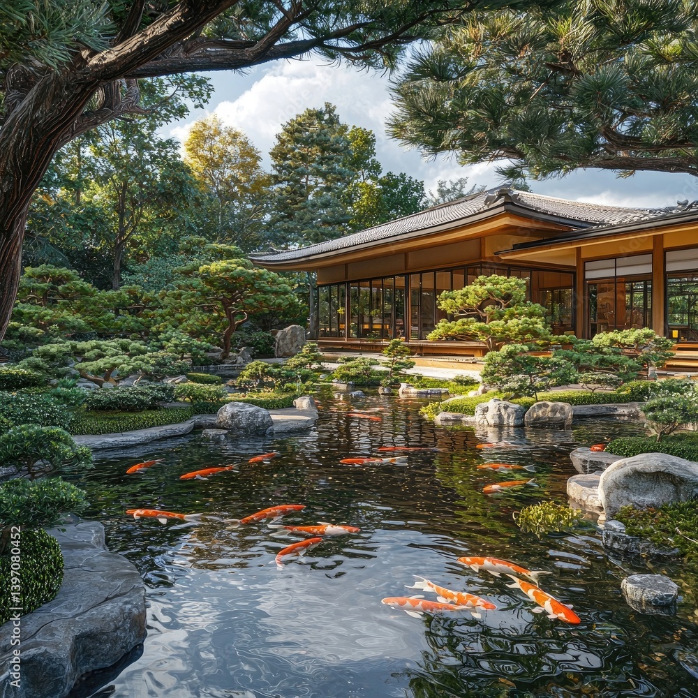 Obraz premium Traditional Japanese garden with koi pond, manicured trees, stone paths, and wooden buildings surrounded by lush greenery. Generative by AI.