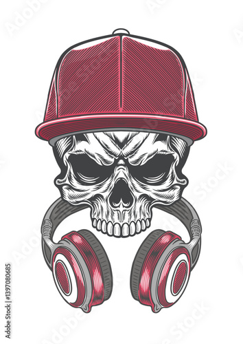 Skull with casual style cap  & retro style earphone 60b