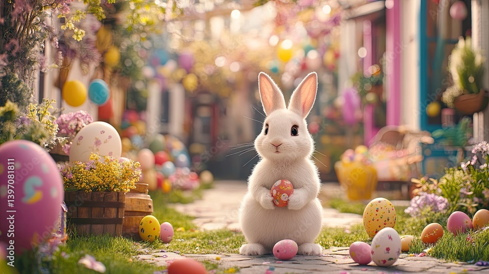 Cute Rabbit Holding Colorful Egg in Charming Easter Garden Scene
