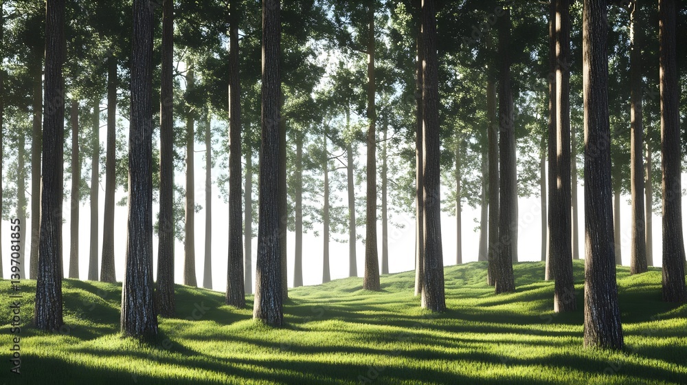 Obraz premium Majestic Tall Trees in a Tranquil Alpine Forest Scene
