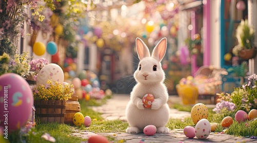 Obraz na płótnie Cute Rabbit Holding Colorful Egg in Charming Easter Garden Scene w salonie