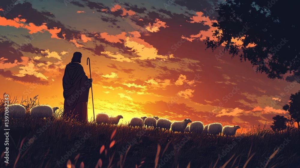 custom made wallpaper toronto digitalA bible jesus shepherd with his flock of sheep during sunset. Generative AI illustration