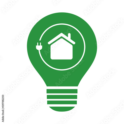 An eco friendly home concept logo featuring a light bulb with house. The green color scheme and symbolic design represent sustainability, renewable energy and environmental awareness.