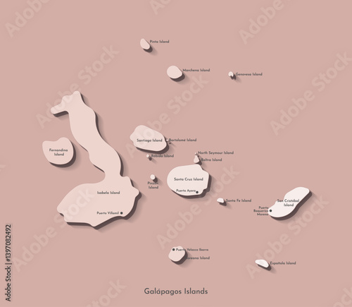 Vector simplified illustration icon with beige gradient silhouette of Galapagos Islands map (part of Ecuador). Names of the island and main cities. Brown background